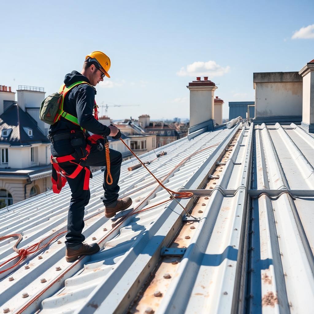 Couvreur SOFFI travaillant sur une toiture en zinc a Paris