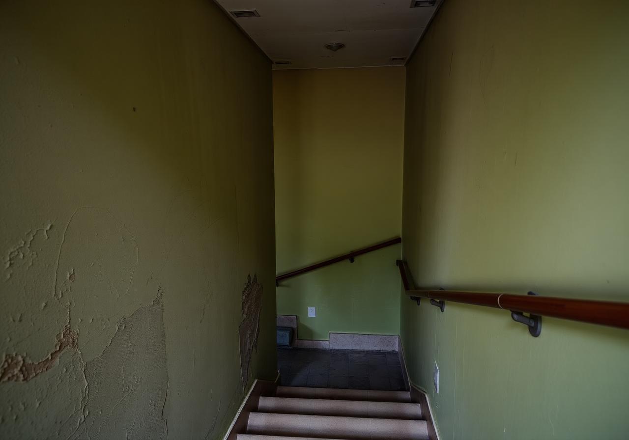 Cage d'escalier de copropriété défraîchie aux murs marqués